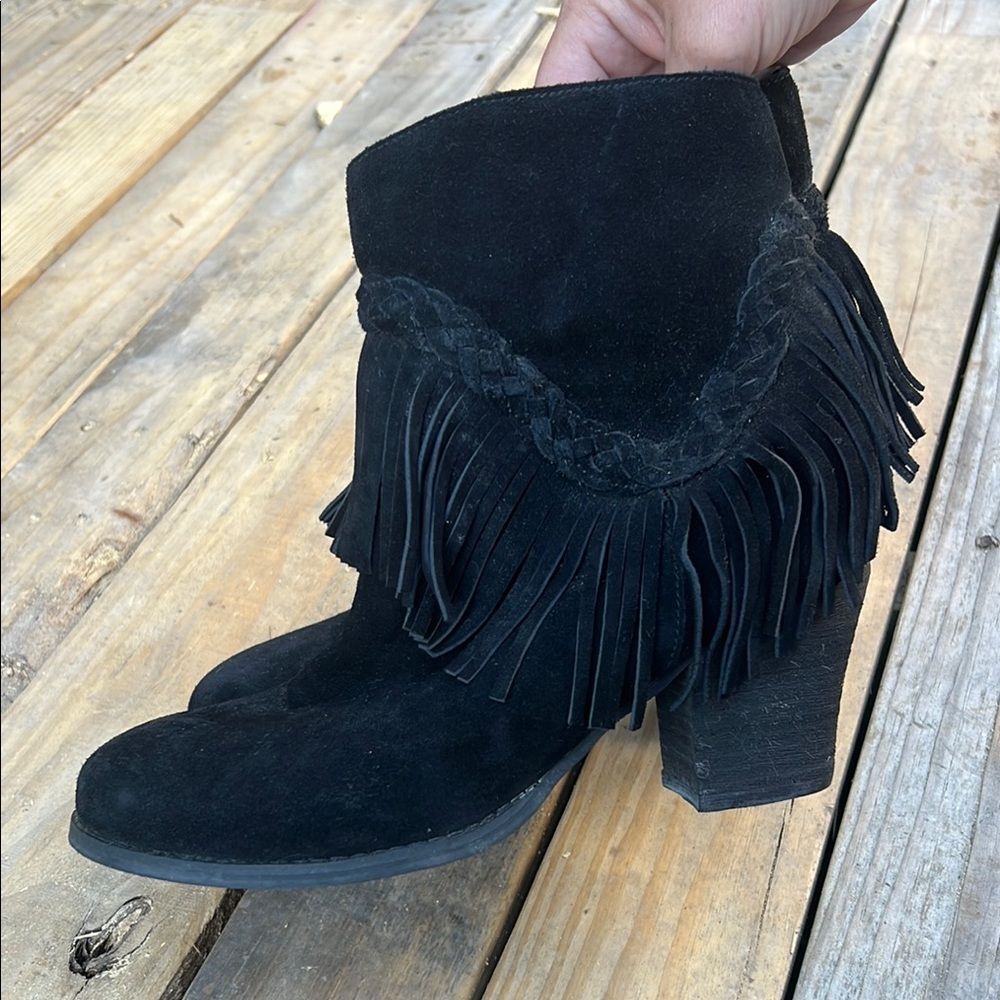 Sbicca Vintage Black Suede Fringe Ankle Boots Boho Western Gothic Booties 8.5